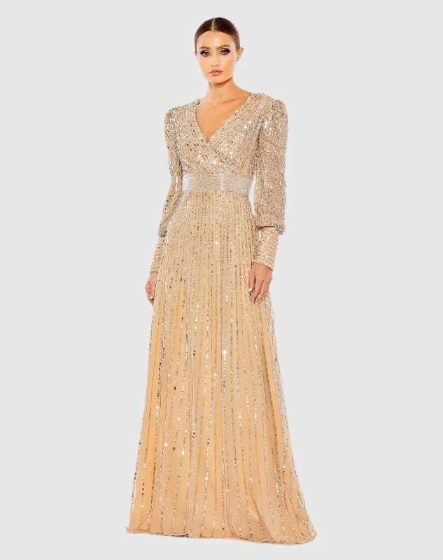 Maxi dresses with pom - pom trims for a playful and festive lookSequined Wrap Over Bishop Sleeve Gown Maxi dresses with pom - pom trims for a playful and festive lookSequined Wrap Over Bishop Sleeve Gown