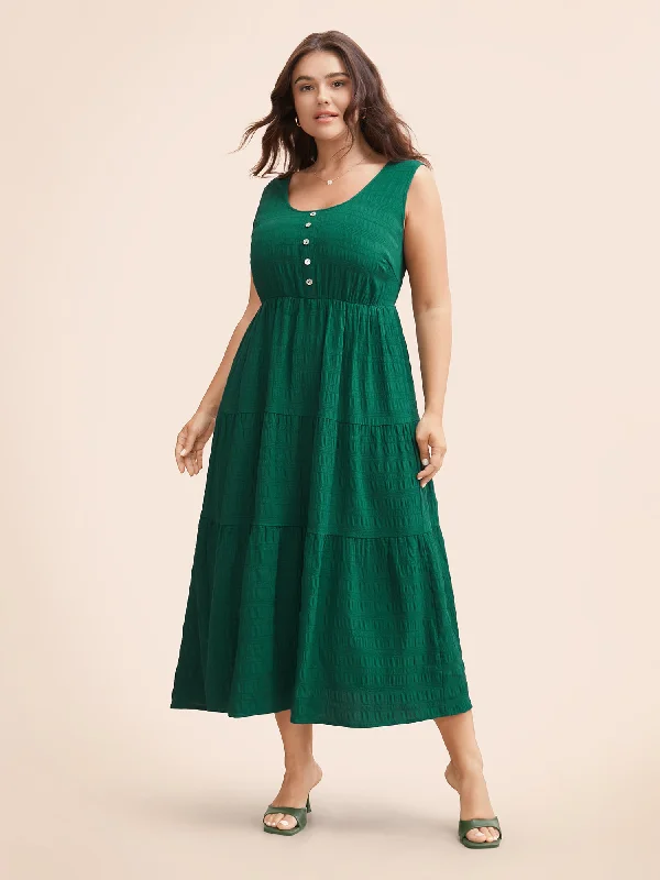Maxi dresses with thin spaghetti straps for a delicate and feminine feelTextured Button Detail Ruffle Layered Hem Dress Maxi dresses with thin spaghetti straps for a delicate and feminine feelTextured Button Detail Ruffle Layered Hem Dress