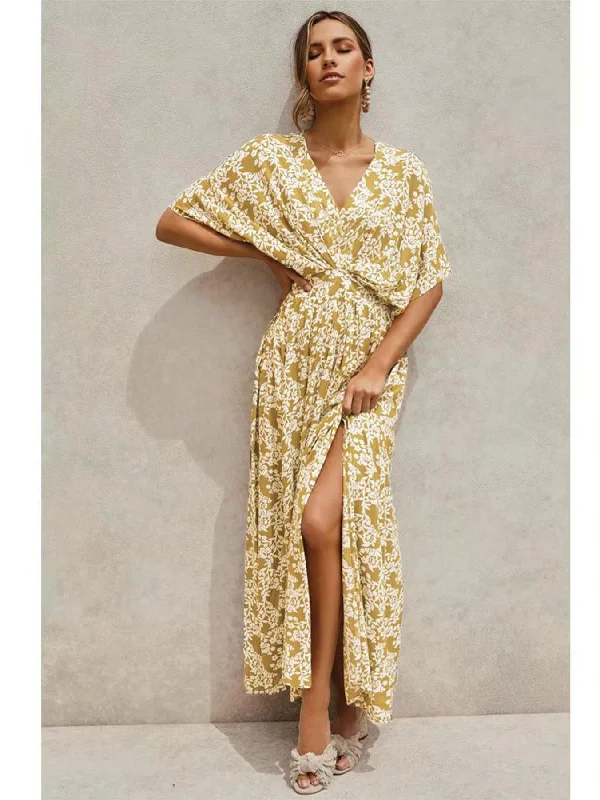 Maxi dresses with a wrap - around style for a customizable fitV Neck & Back Detail Bohemian Style Maxi Dress In Olive Yellow Floral Print Maxi dresses with a wrap - around style for a customizable fitV Neck & Back Detail Bohemian Style Maxi Dress In Olive Yellow Floral Print