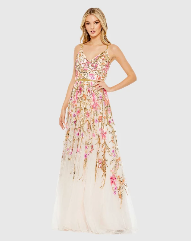 Maxi dresses with cold - shoulder cutouts for a trendy lookV Neck Floral Embellished Spaghetti Strap Gown Maxi dresses with cold - shoulder cutouts for a trendy lookV Neck Floral Embellished Spaghetti Strap Gown