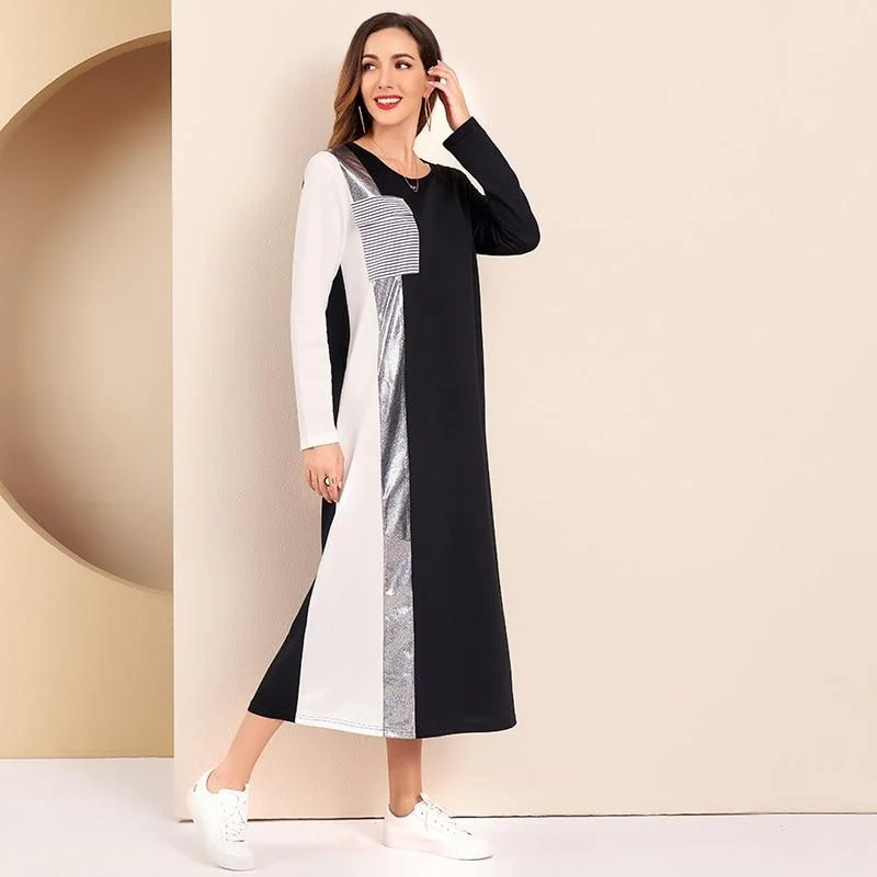 Ruffled maxi dresses with a tiered skirt for added volumeFashionSierra - Women Casual Dress Sequin Panel Colorblock O Neck Long Sleeve Maxi Dresses