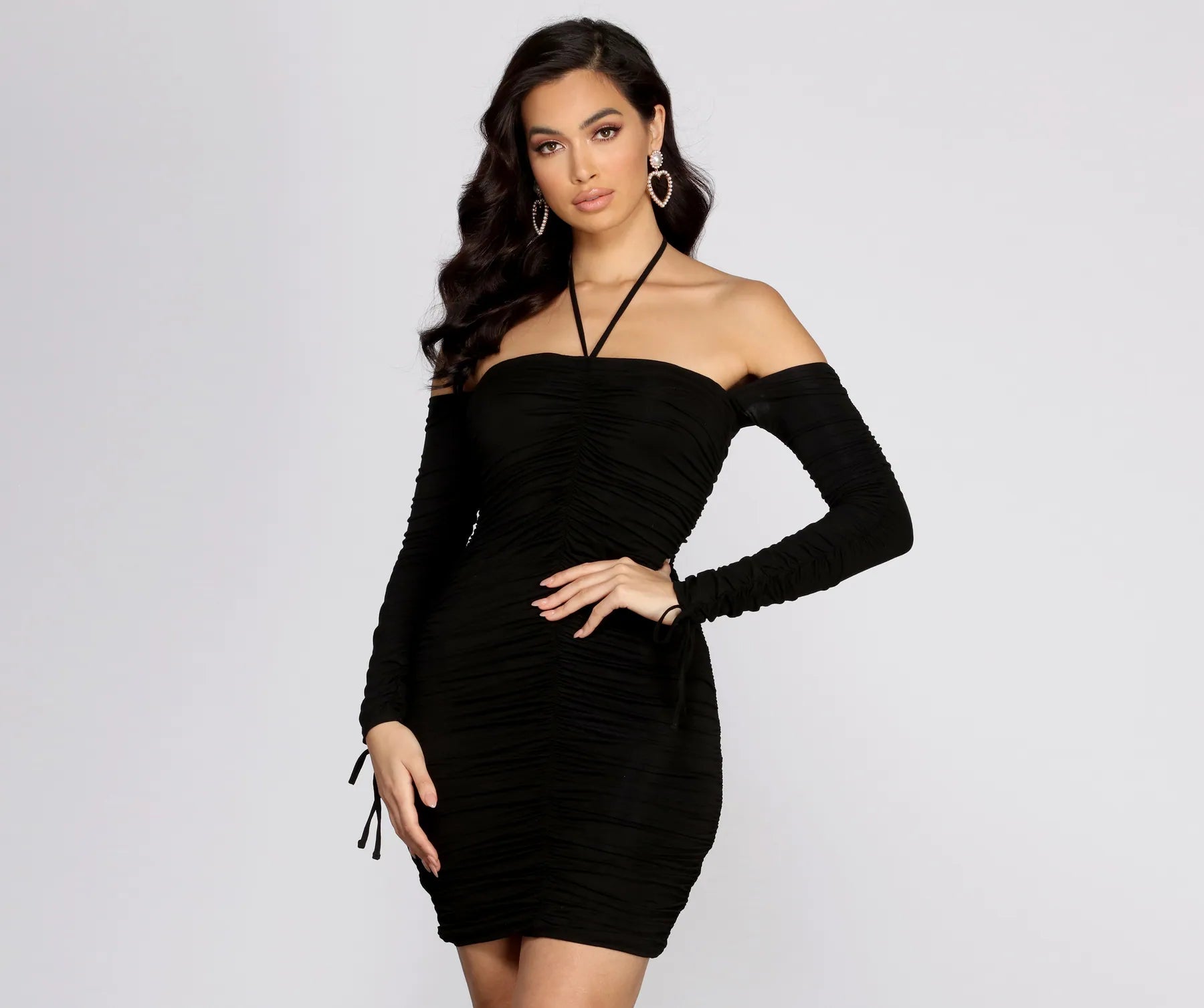 Metallic mini dresses for a glamorous eventRuching Into It Off Shoulder Mini Dress