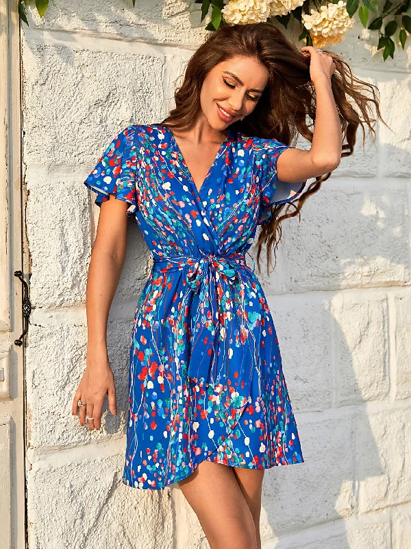 Mini dresses with halter necks for a stylish choiceAbstract Floral Print Angel Sleeve Wrap Top Mini Dress In Blue Mini dresses with halter necks for a stylish choiceAbstract Floral Print Angel Sleeve Wrap Top Mini Dress In Blue