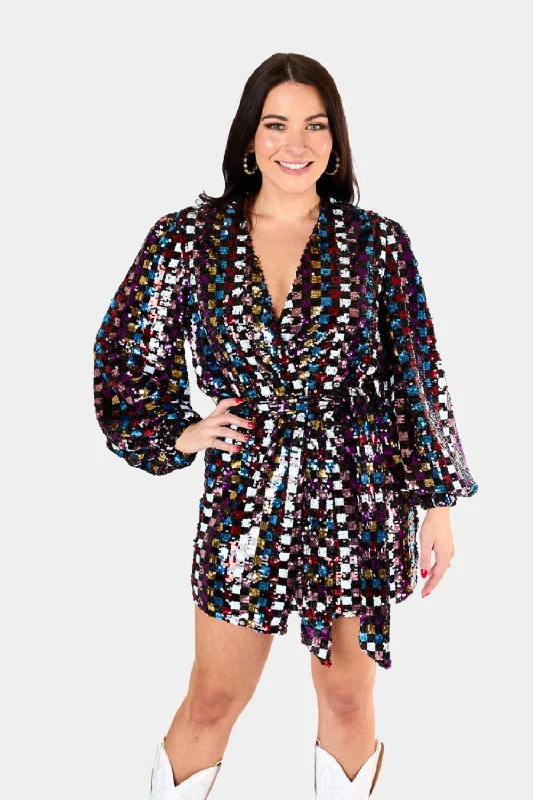 Leather mini dresses for a edgy styleAdeline Sequin Wrap Dress - Kaleidoscope