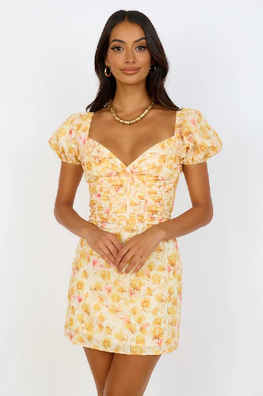 Denim mini dresses with distressed detailsApril Dreams Dress Yellow
