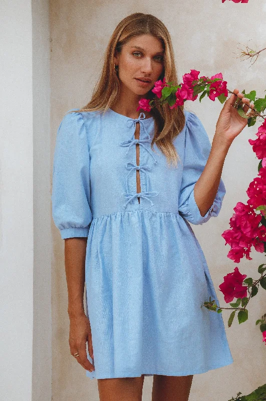 Plaid mini dresses for fall fashionBeatrice Puff Sleeve Linen Mini Dress