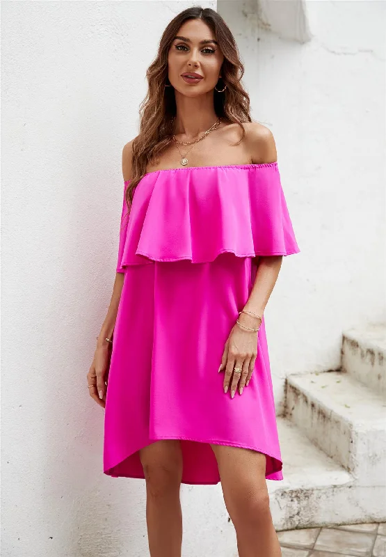 Mini dresses with patchwork designs for a unique styleBardot Frill Off Shoulder Mini Dress In Magenta Mini dresses with patchwork designs for a unique styleBardot Frill Off Shoulder Mini Dress In Magenta