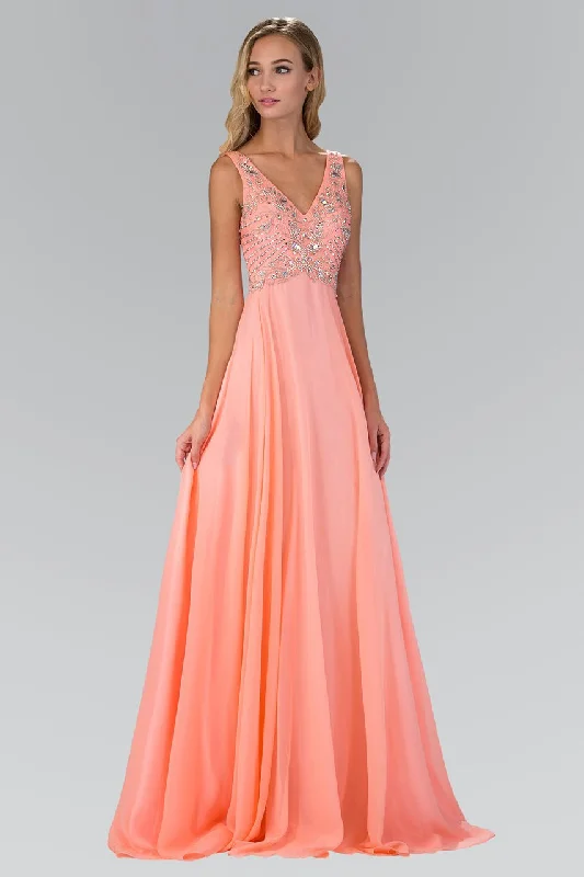 Elizabeth K - GL2115 Beaded V-Neck A-Line Dress