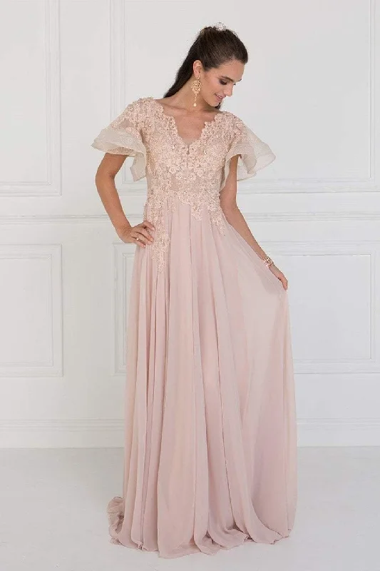 Elizabeth K - GL1587 Short Butterfly Sleeve Floral Lace A-Line Gown