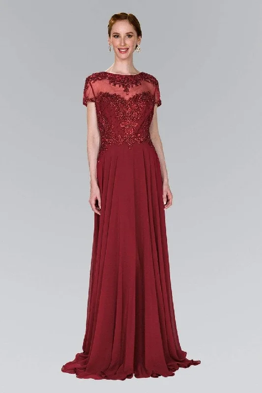 Elizabeth K - GL2406 Short Sleeve Illusion Lace Ornate Chiffon Gown