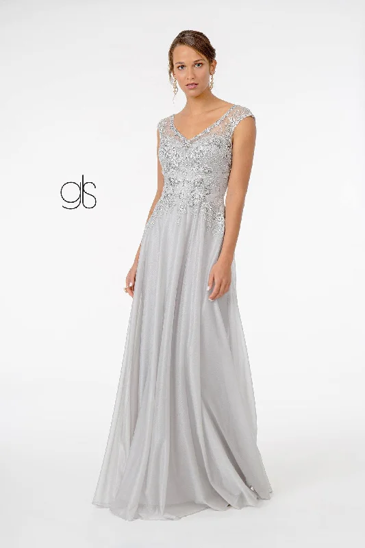 Wedding guest dresses with pom - pom trims for a playful lookEmbroidered Bodice V-Neck Long Formal Dress Sale