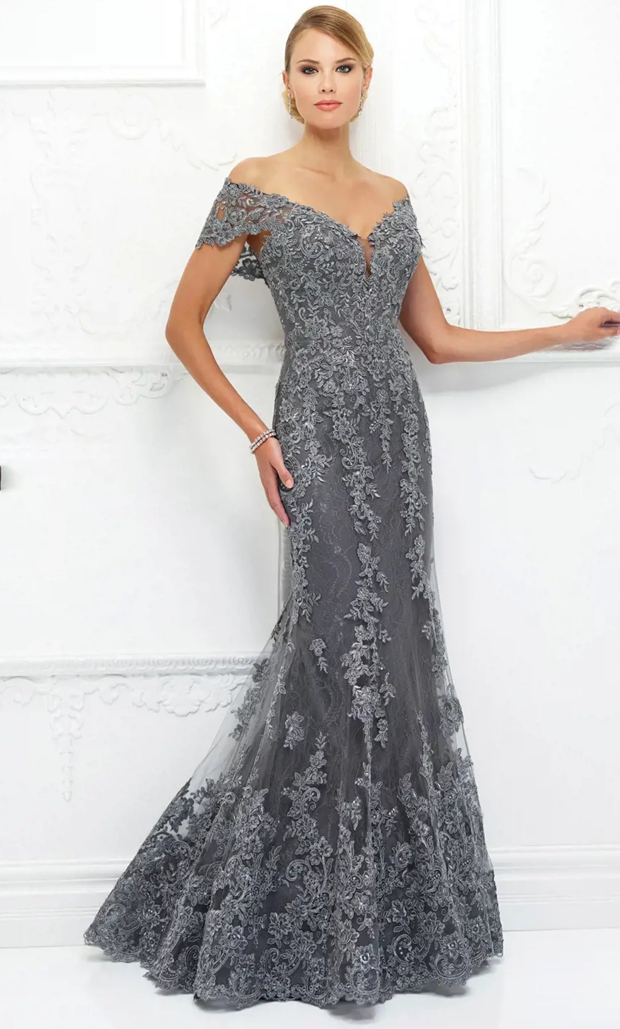 Ivonne D 118D12W - Embroidered Off-Shoulder Evening Dress