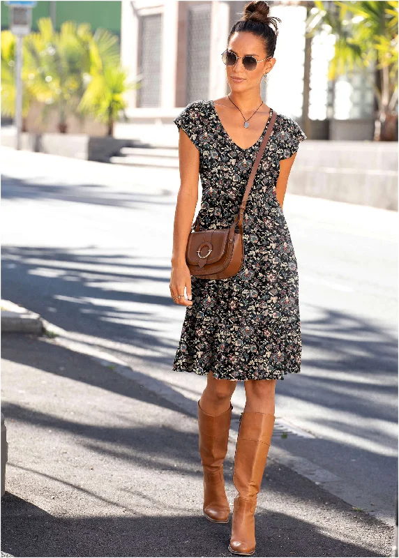 Mini dresses with puff sleeves for a vintage lookV-Neck Mini Dress - Black Floral