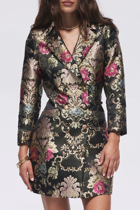 Ruffled mini dresses for a romantic touchLuciana Tuxedo Jacket Mini Dress in Black Jacquard - FINAL SALE Ruffled mini dresses for a romantic touchLuciana Tuxedo Jacket Mini Dress in Black Jacquard - FINAL SALE
