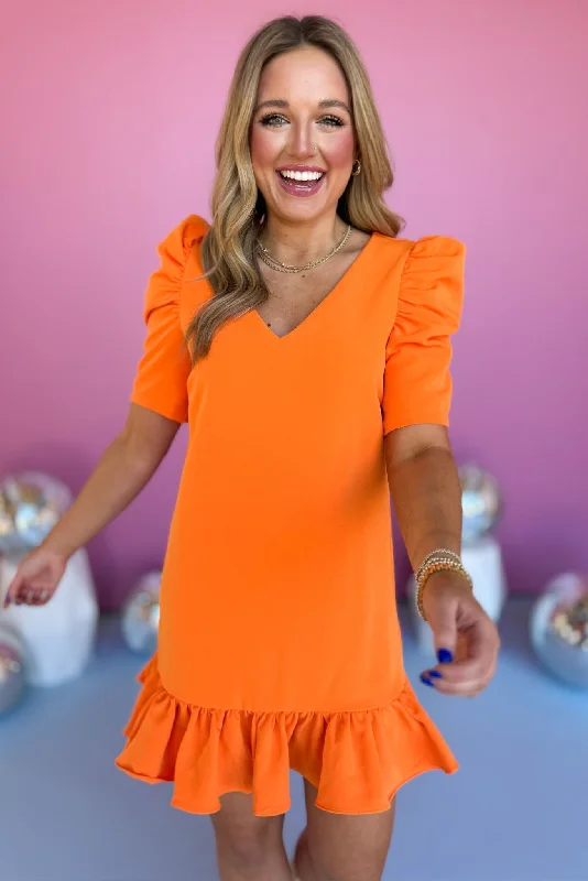 Mini dresses with halter necks for a stylish choiceOrange V Neck Puff Sleeve Ruffle Hem Dress