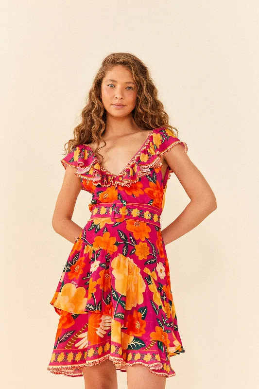 Denim mini dresses with distressed detailsPink Flowers Tapestry Mini Dress