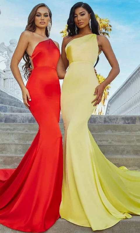 Wedding guest dresses with cut - out details and midi lengthsPortia and Scarlett - PS22358 Asymmetric Neck Trumpet Gown With Train Wedding guest dresses with cut - out details and midi lengthsPortia and Scarlett - PS22358 Asymmetric Neck Trumpet Gown With Train
