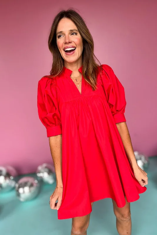 Mini dresses with pom - pom trims for a playful feelRed Frill V Neck Half Sleeve Dress Mini dresses with pom - pom trims for a playful feelRed Frill V Neck Half Sleeve Dress