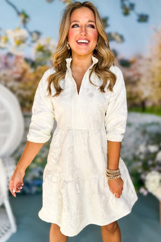 Mini dresses with geometric prints for a modern aestheticSSYS The Gloria 3/4 Sleeve Tiered Brocade Dress In Ivory Mini dresses with geometric prints for a modern aestheticSSYS The Gloria 3/4 Sleeve Tiered Brocade Dress In Ivory