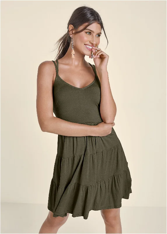 Cotton mini dresses for a comfortable everyday optionTiered Strappy Mini Dress - Olive Cotton mini dresses for a comfortable everyday optionTiered Strappy Mini Dress - Olive