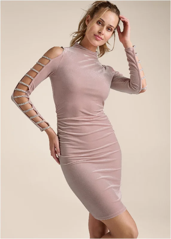 Mini dresses with abstract prints for an artistic lookStrappy Sleeve Velvet Dress - Tan Mini dresses with abstract prints for an artistic lookStrappy Sleeve Velvet Dress - Tan
