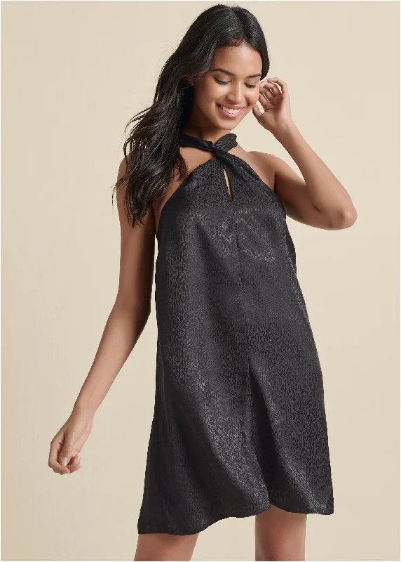 Mini dresses with high - low hems for a modern twistTwist Front Jacquard Dress - Black Mini dresses with high - low hems for a modern twistTwist Front Jacquard Dress - Black