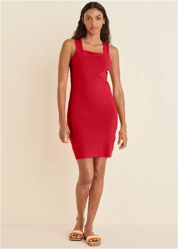 Mini dresses with pom - pom trims for a playful feelSquare Neck Tank Dress - Red