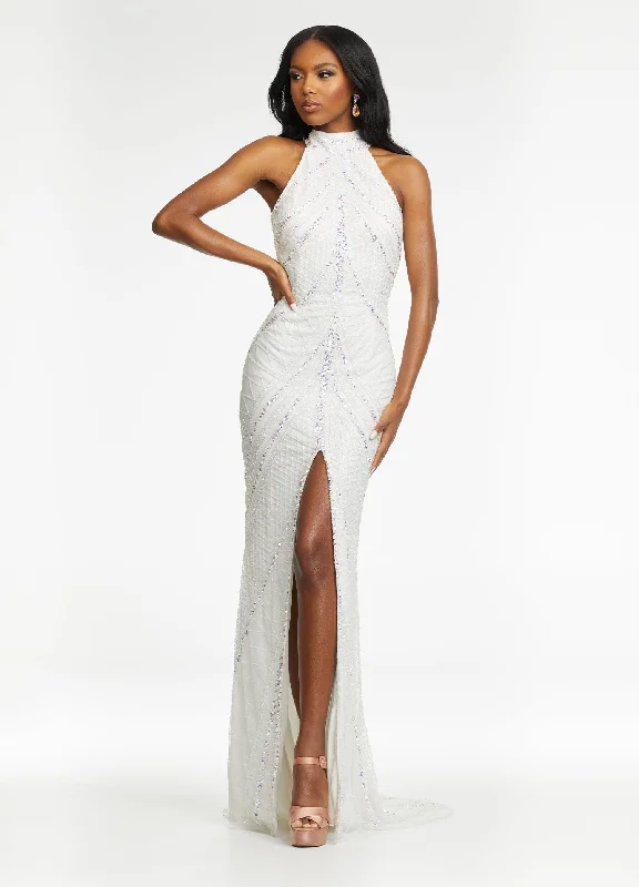 Formal dresses with pleated yokes and button - up fronts for a classic and refined lookAshley Lauren - 11177 Beaded Halter Gown with Slit Formal dresses with pleated yokes and button - up fronts for a classic and refined lookAshley Lauren - 11177 Beaded Halter Gown with Slit