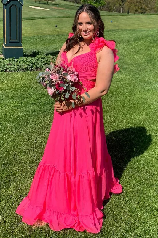 Empire Waist Women Dress to Accentuate the Bust and Conceal the WaistFuchsia A-Line Ruffle Shoulder Straps Lace-Up Long Prom Dress Empire Waist Women Dress to Accentuate the Bust and Conceal the WaistFuchsia A-Line Ruffle Shoulder Straps Lace-Up Long Prom Dress