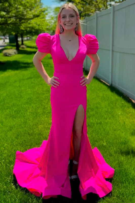 Printed Abstract Women Dress for a Modern and Artistic AppealFuchsia Mermaid Puff Sleeves V Neck Long Prom Dress with Slit Printed Abstract Women Dress for a Modern and Artistic AppealFuchsia Mermaid Puff Sleeves V Neck Long Prom Dress with Slit