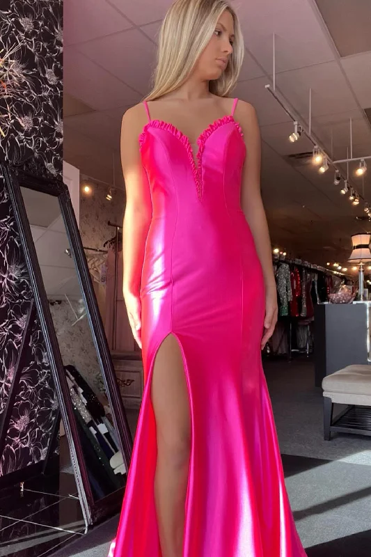 Long - Sleeve Women Dress in Velvet for a Luxurious Winter LookFuchsia Mermaid Spaghetti Straps Ruffle Satin Long Prom Dress with Slit Long - Sleeve Women Dress in Velvet for a Luxurious Winter LookFuchsia Mermaid Spaghetti Straps Ruffle Satin Long Prom Dress with Slit