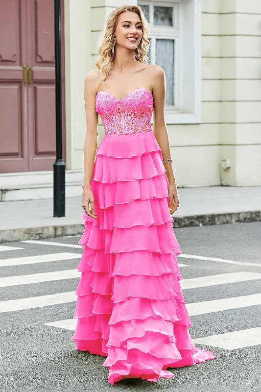 Ruffled cocktail dresses with a knee - length hem for a feminine appealGorgeous A Line Sweetheart Corset Hot Pink Prom Dress with Appliques Ruffles Ruffled cocktail dresses with a knee - length hem for a feminine appealGorgeous A Line Sweetheart Corset Hot Pink Prom Dress with Appliques Ruffles