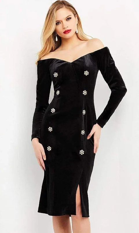 Printed cocktail dresses with geometric patterns for a contemporary aestheticJovani - M3285 Off Shoulder Velvet Knee Length Dress Printed cocktail dresses with geometric patterns for a contemporary aestheticJovani - M3285 Off Shoulder Velvet Knee Length Dress