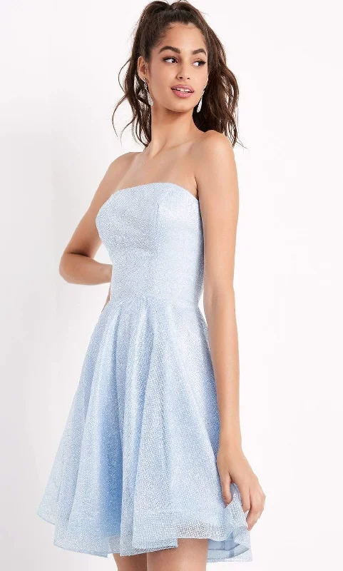 Mini cocktail dresses with a cold - shoulder ruffled sleeveJVN by Jovani - JVN04640 Strapless Straight-Across Glitter A-Line Dress Mini cocktail dresses with a cold - shoulder ruffled sleeveJVN by Jovani - JVN04640 Strapless Straight-Across Glitter A-Line Dress