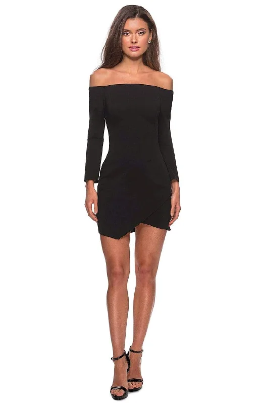 Geometric - printed cocktail dresses with a long - sleeve optionLa Femme - 28182 Long Sleeve Off-shoulder Jersey Sheath Dress Geometric - printed cocktail dresses with a long - sleeve optionLa Femme - 28182 Long Sleeve Off-shoulder Jersey Sheath Dress