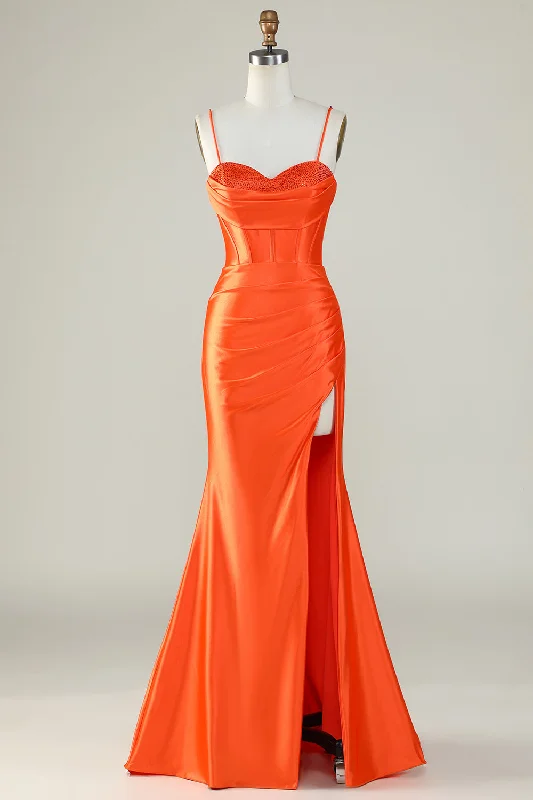 Cocktail dresses with a velvet - trimmed collar and a short skirtOrange Mermaid Spaghetti Straps Long Corset Prom Dress With Slit