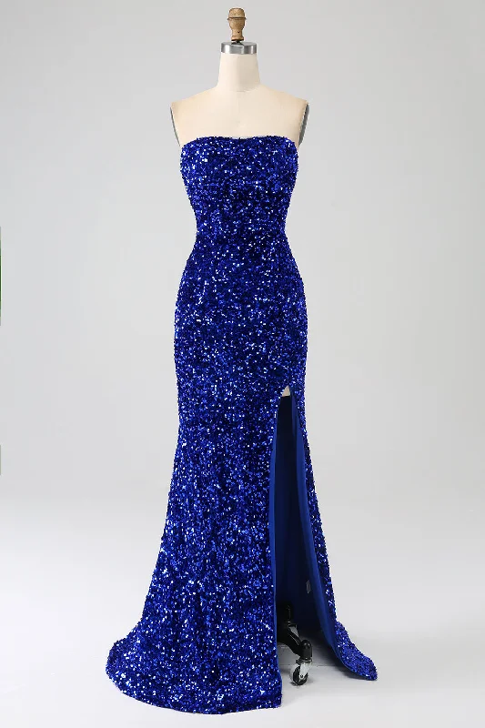 Cocktail dresses with a wrap - front style and a long - length optionRoyal Blue Mermaid Strapless Sequins Long Prom Dress With Slit Cocktail dresses with a wrap - front style and a long - length optionRoyal Blue Mermaid Strapless Sequins Long Prom Dress With Slit