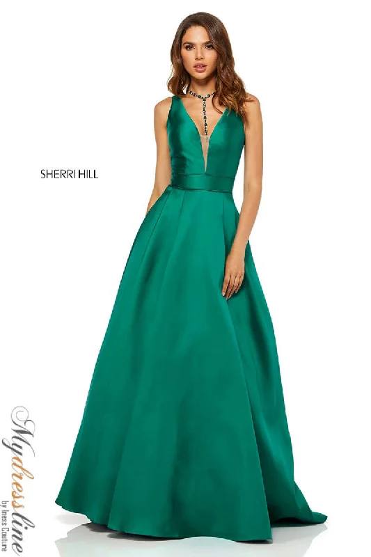 Prom dresses with tiered ruffled sleeves and satin skirts for a feminine and voluminous lookSherri Hill 52502