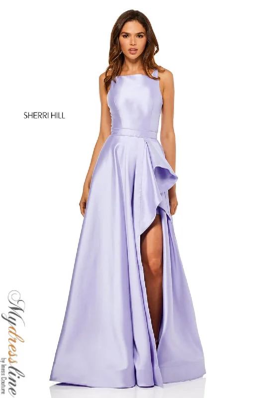 Formal dresses with pleated bodices and taffeta fabric for a traditional lookSherri Hill 52505