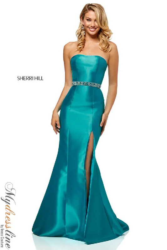 Prom dresses with cold - shoulder ruffled sleeves and floral prints for a romantic and fashionable styleSherri Hill 52541 Prom dresses with cold - shoulder ruffled sleeves and floral prints for a romantic and fashionable styleSherri Hill 52541