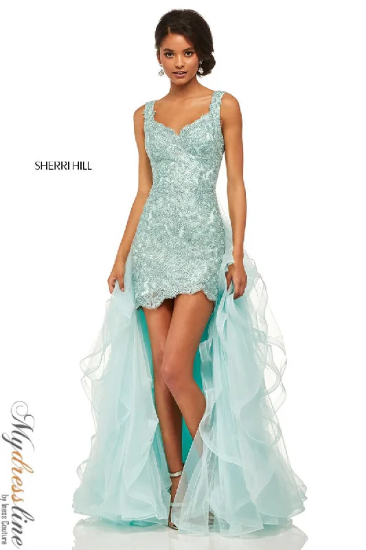 Prom dresses with illusion necklines and crystal embellishments for a formal affairSherri Hill 52562 Prom dresses with illusion necklines and crystal embellishments for a formal affairSherri Hill 52562