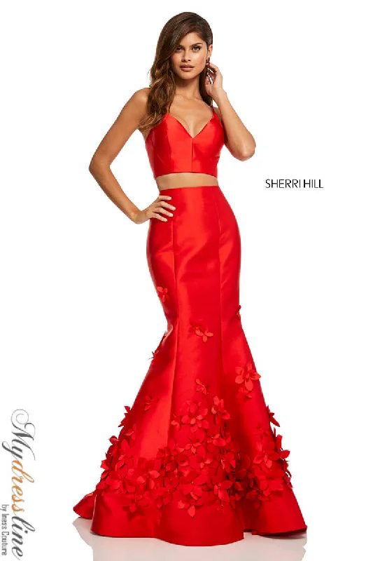 Formal dresses with asymmetric ruffled hems and high - low designs for a fashion - forward and dynamic appearanceSherri Hill 52580 Formal dresses with asymmetric ruffled hems and high - low designs for a fashion - forward and dynamic appearanceSherri Hill 52580