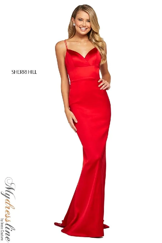 Prom dresses with lace - trimmed sleeves and empire - style waists for a flattering and vintage - inspired formal affairSherri Hill 53388 Prom dresses with lace - trimmed sleeves and empire - style waists for a flattering and vintage - inspired formal affairSherri Hill 53388