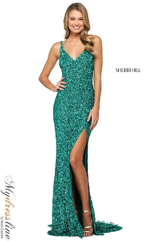 Prom dresses with lace - trimmed sleeves and empire - style waists for a flattering and vintage - inspired formal affairSherri Hill 53450