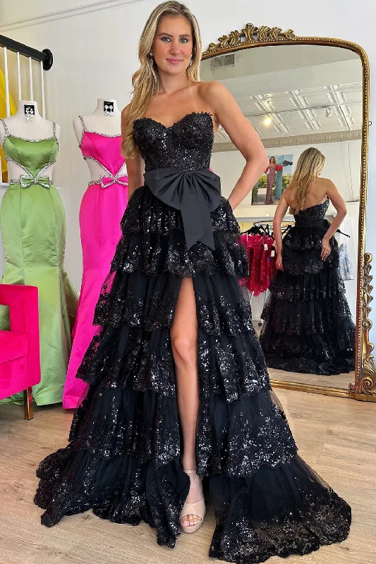 Ball Gown Women Dress with a Full Skirt for a Princess - like LookSparkly Black A-Line Strapless Sequins Corset Tiered Bow Long Prom Dress with Slit Ball Gown Women Dress with a Full Skirt for a Princess - like LookSparkly Black A-Line Strapless Sequins Corset Tiered Bow Long Prom Dress with Slit