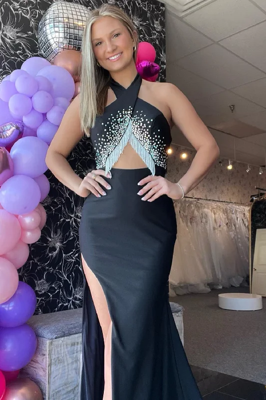 Backless Women Dress for a Sexy and Alluring Look at Evening EventsSparkly Black Mermaid Halter Beaded Tassels Satin Long Prom Dress with Slit Backless Women Dress for a Sexy and Alluring Look at Evening EventsSparkly Black Mermaid Halter Beaded Tassels Satin Long Prom Dress with Slit