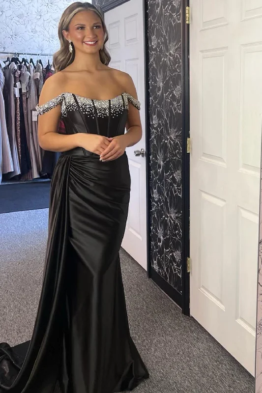 Little Black Women Dress with Sequins for a Glamorous Night OutSparkly Black Mermaid Off the Shoulder Beaded Corset Satin Long Prom Dress Little Black Women Dress with Sequins for a Glamorous Night OutSparkly Black Mermaid Off the Shoulder Beaded Corset Satin Long Prom Dress