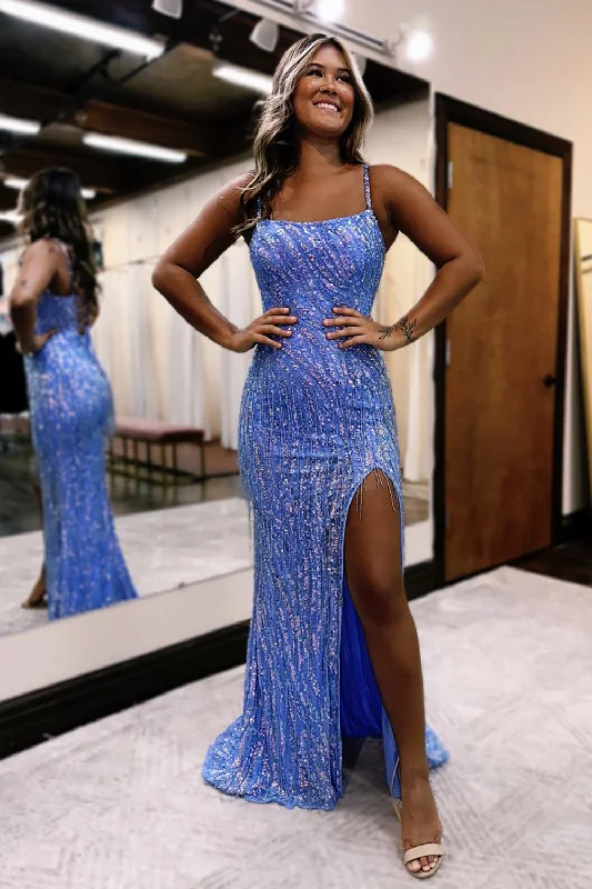 Pleated Women Dress with a Timeless and Elegant TextureSparkly Blue Mermaid Spaghetti Straps Sequined Tassels Long Prom Dress with Slit Pleated Women Dress with a Timeless and Elegant TextureSparkly Blue Mermaid Spaghetti Straps Sequined Tassels Long Prom Dress with Slit