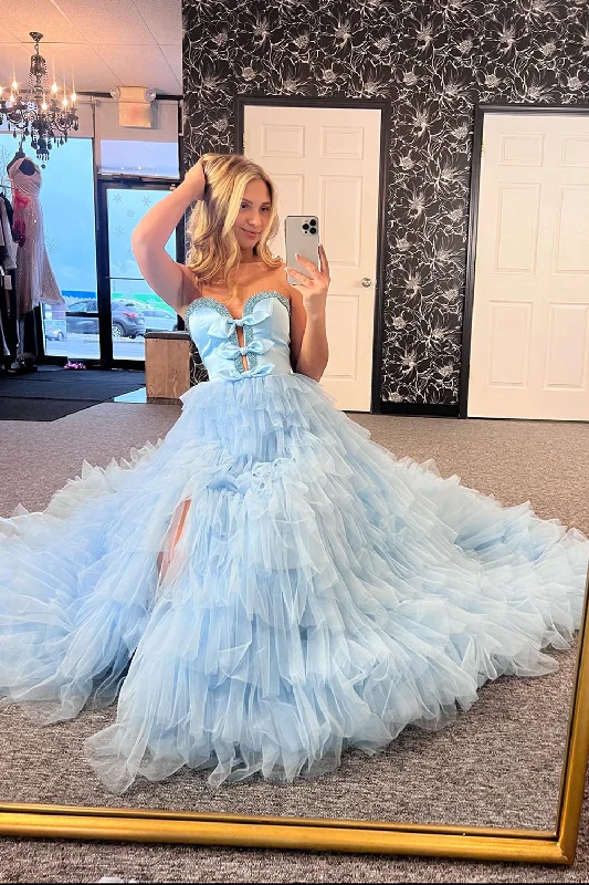 Pleated Women Dress with a Timeless and Elegant TextureSparkly Light Blue A-Line Strapless Beaded Ruffles Bows Long Prom Dress with Slit Pleated Women Dress with a Timeless and Elegant TextureSparkly Light Blue A-Line Strapless Beaded Ruffles Bows Long Prom Dress with Slit
