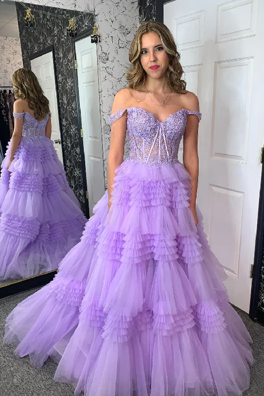 Off - the - Shoulder Women Dress for a Romantic and Feminine LookSparkly Lilac A-Line Off the Shoulder Ruffles Corset Long Prom Dress with Appliques Off - the - Shoulder Women Dress for a Romantic and Feminine LookSparkly Lilac A-Line Off the Shoulder Ruffles Corset Long Prom Dress with Appliques